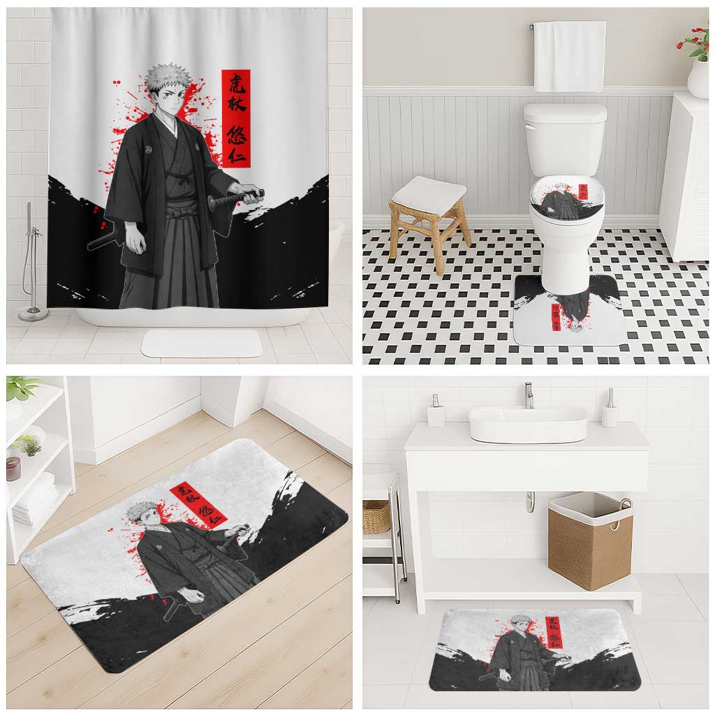 Yuji Itadori Jujutsu Kaisen Samurai Design Bathroom Set with Katana, Red Kanji Elements and Oni Mask Graphic - The Mazicc