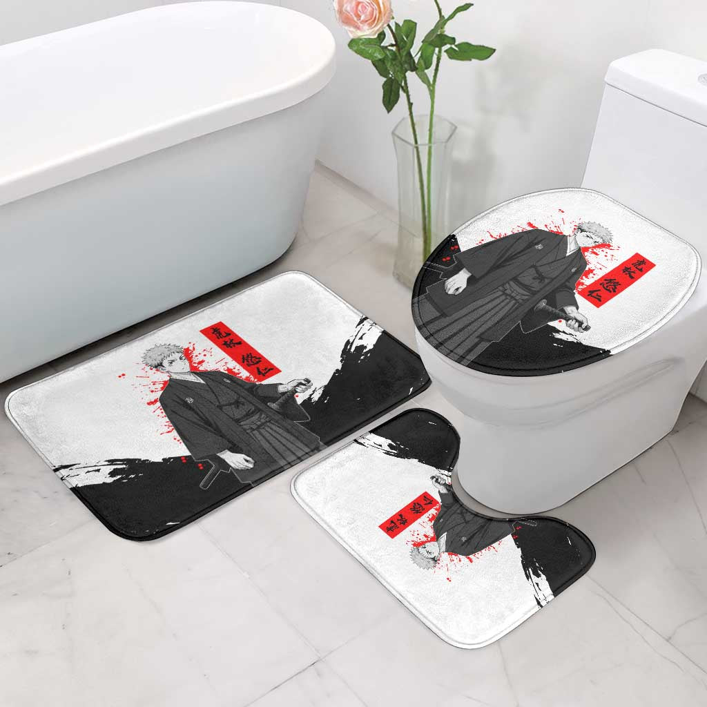 Yuji Itadori Jujutsu Kaisen Samurai Design Bathroom Set with Katana, Red Kanji Elements and Oni Mask Graphic - The Mazicc