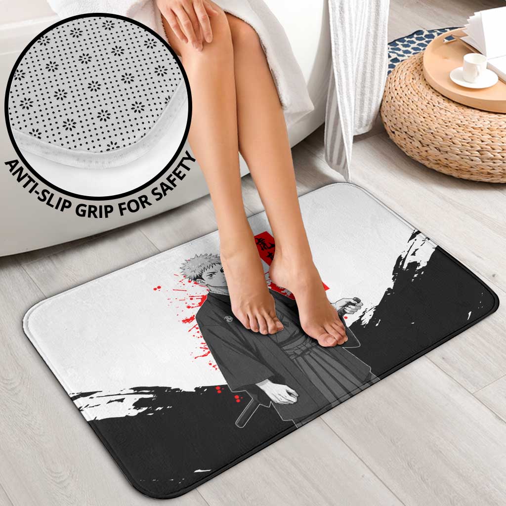 Yuji Itadori Jujutsu Kaisen Samurai Design Bathroom Set with Katana, Red Kanji Elements and Oni Mask Graphic - The Mazicc