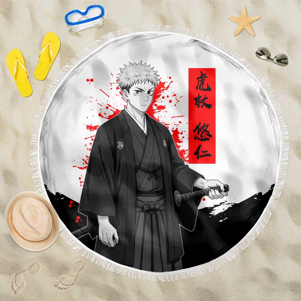 Yuji Itadori Jujutsu Kaisen Samurai Design Beach Blanket with Katana, Red Kanji Elements and Oni Mask Graphic - The Mazicc