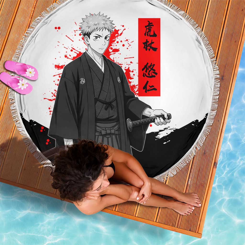 Yuji Itadori Jujutsu Kaisen Samurai Design Beach Blanket with Katana, Red Kanji Elements and Oni Mask Graphic - The Mazicc