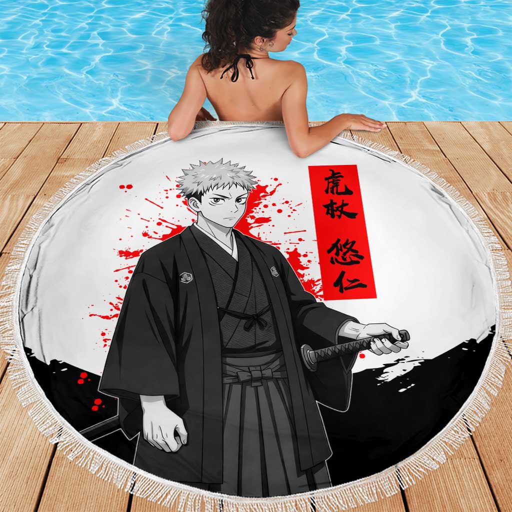 Yuji Itadori Jujutsu Kaisen Samurai Design Beach Blanket with Katana, Red Kanji Elements and Oni Mask Graphic - The Mazicc