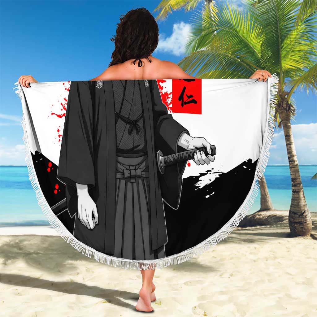 Yuji Itadori Jujutsu Kaisen Samurai Design Beach Blanket with Katana, Red Kanji Elements and Oni Mask Graphic - The Mazicc
