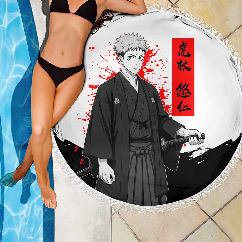 Yuji Itadori Jujutsu Kaisen Samurai Design Beach Blanket with Katana, Red Kanji Elements and Oni Mask Graphic - The Mazicc