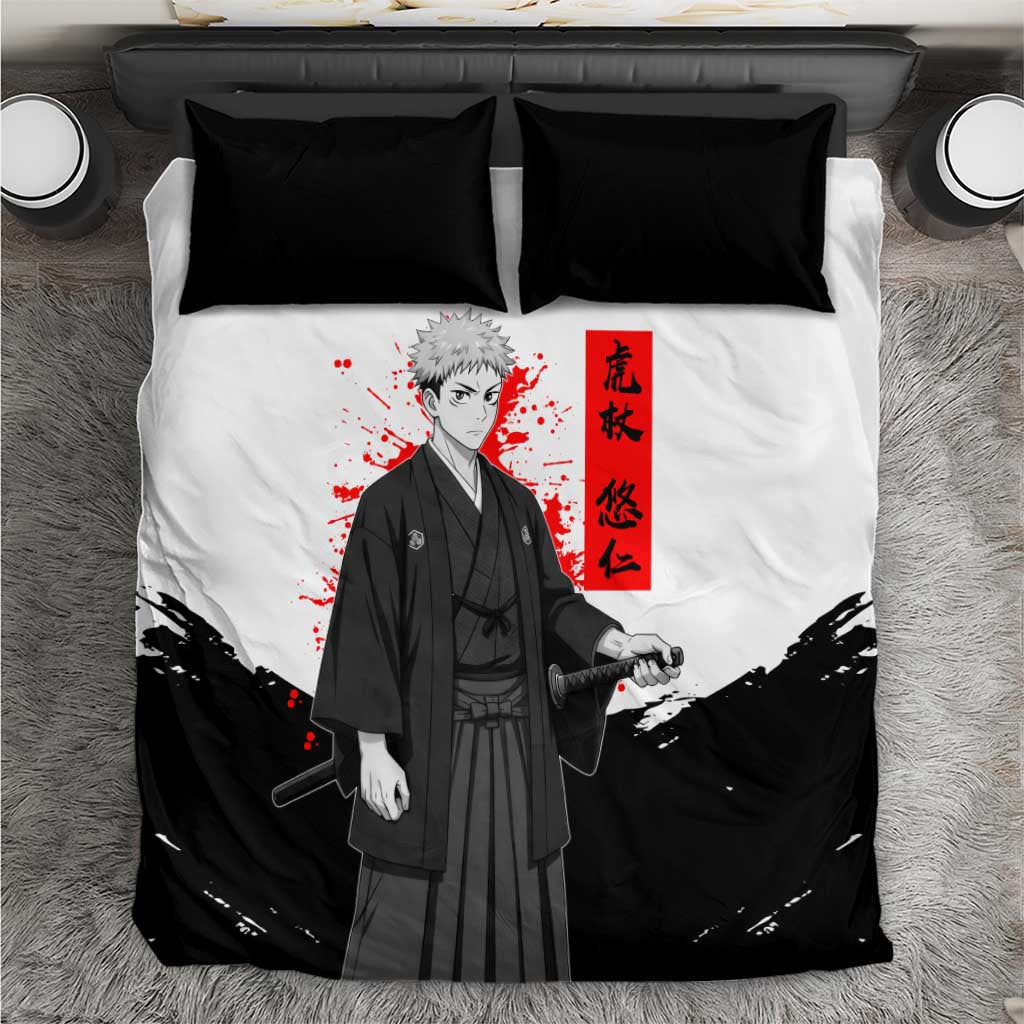 Yuji Itadori Jujutsu Kaisen Samurai Design Bedding Set with Katana, Red Kanji Elements and Oni Mask Graphic - The Mazicc