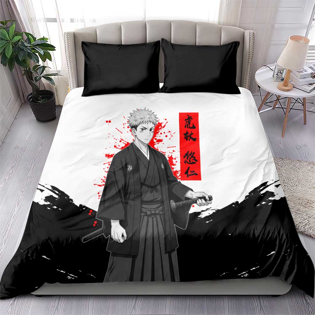 Yuji Itadori Jujutsu Kaisen Samurai Design Bedding Set with Katana, Red Kanji Elements and Oni Mask Graphic - The Mazicc