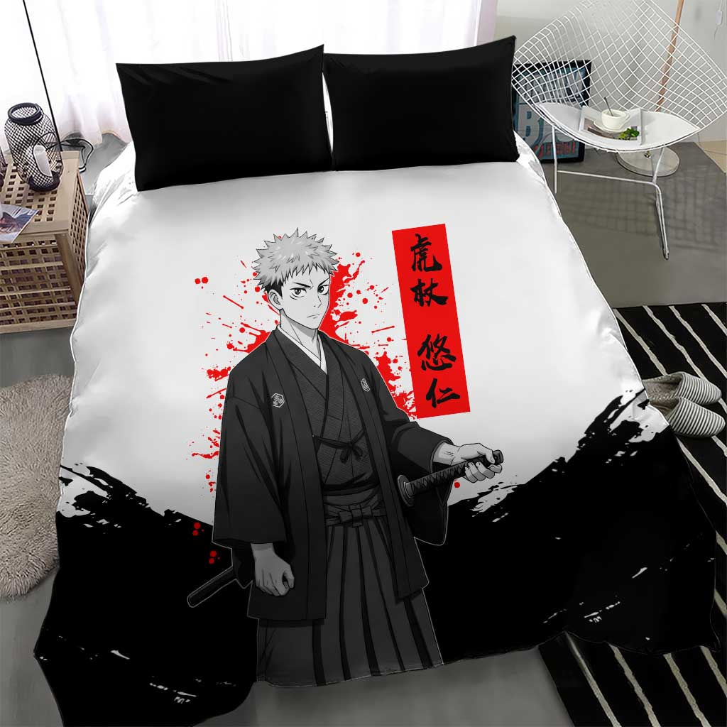 Yuji Itadori Jujutsu Kaisen Samurai Design Bedding Set with Katana, Red Kanji Elements and Oni Mask Graphic - The Mazicc
