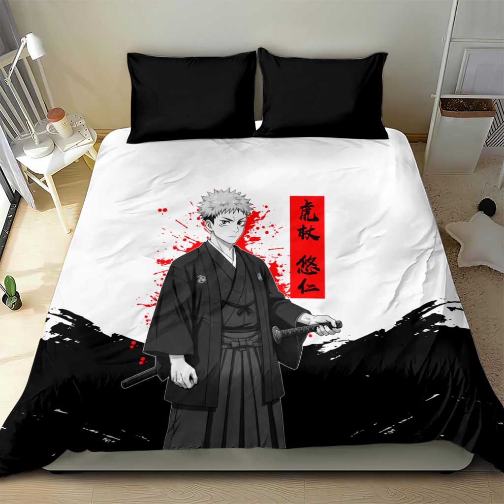 Yuji Itadori Jujutsu Kaisen Samurai Design Bedding Set with Katana, Red Kanji Elements and Oni Mask Graphic - The Mazicc