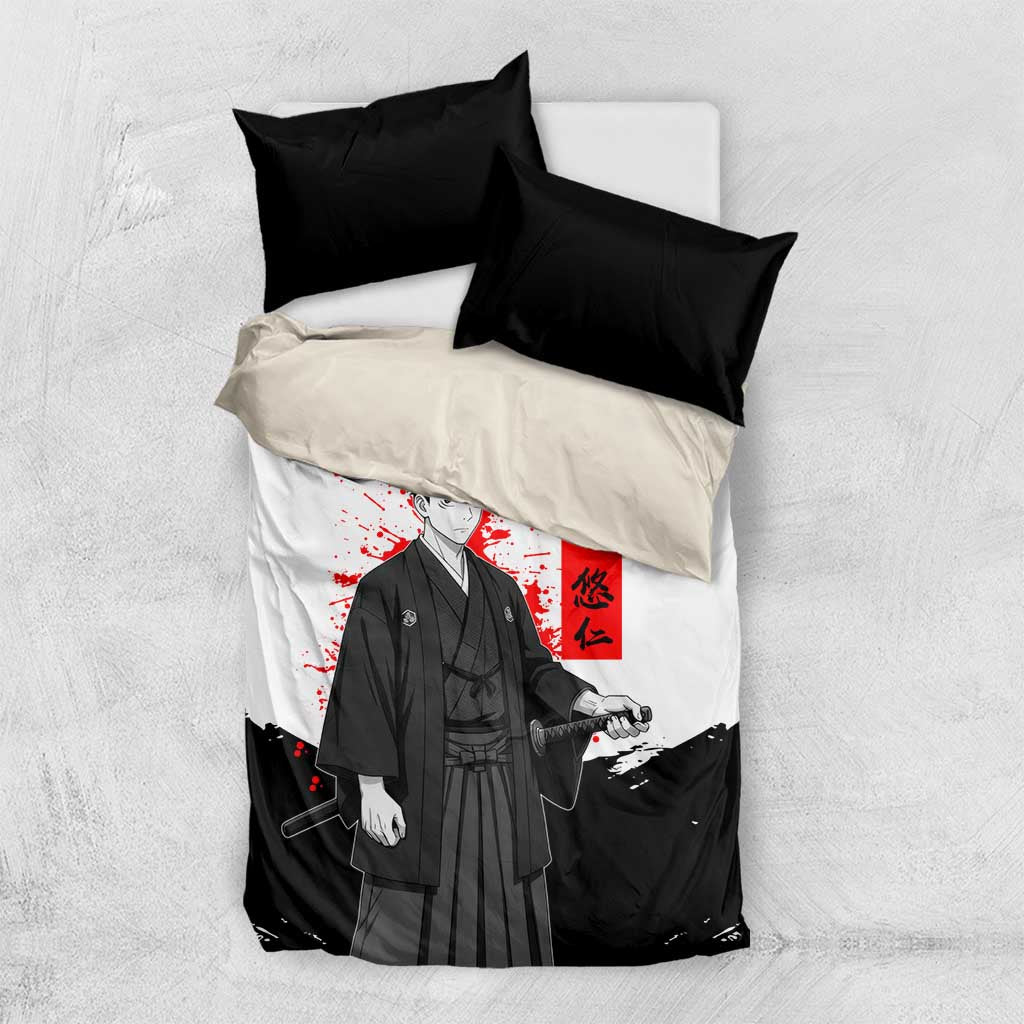 Yuji Itadori Jujutsu Kaisen Samurai Design Bedding Set with Katana, Red Kanji Elements and Oni Mask Graphic - The Mazicc
