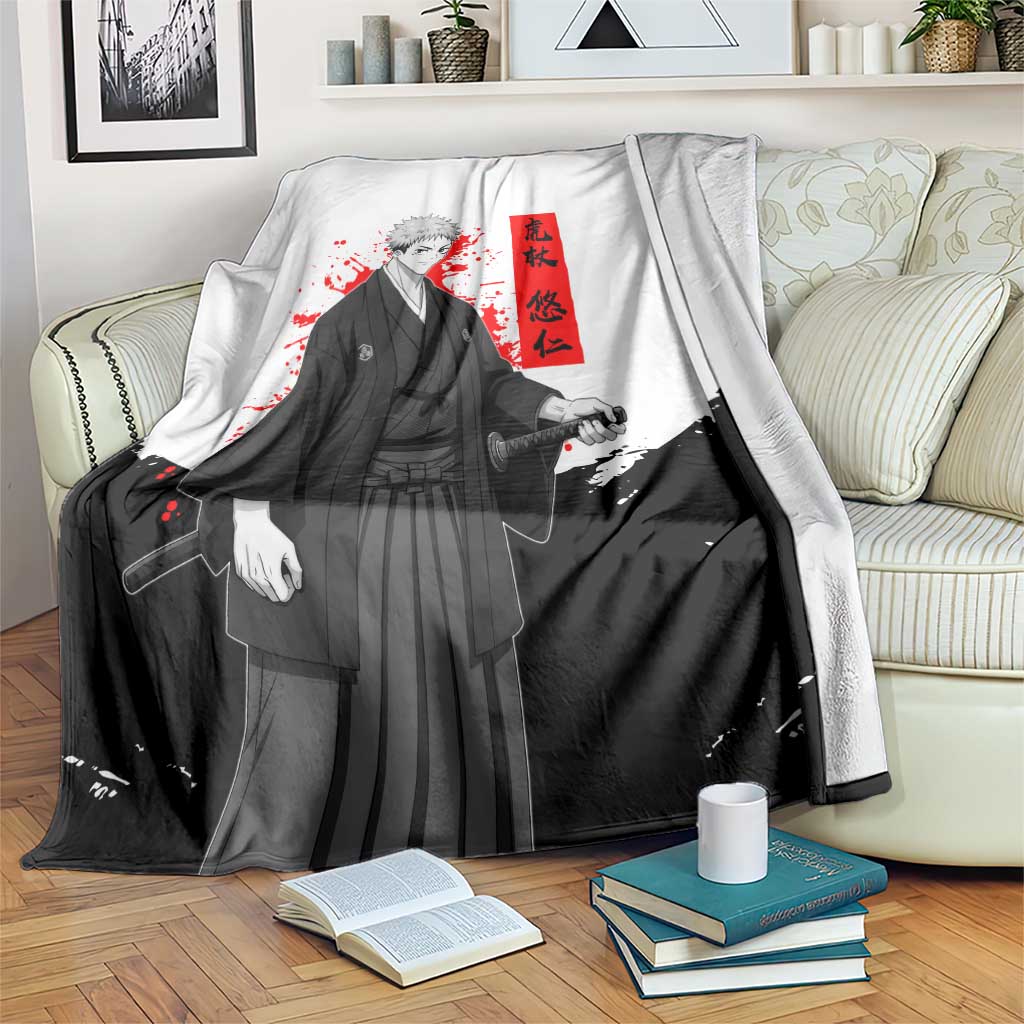 Yuji Itadori Jujutsu Kaisen Samurai Design Blanket with Katana, Red Kanji Elements and Oni Mask Graphic - The Mazicc