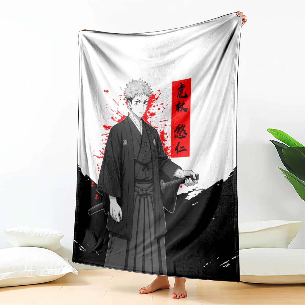 Yuji Itadori Jujutsu Kaisen Samurai Design Blanket with Katana, Red Kanji Elements and Oni Mask Graphic - The Mazicc