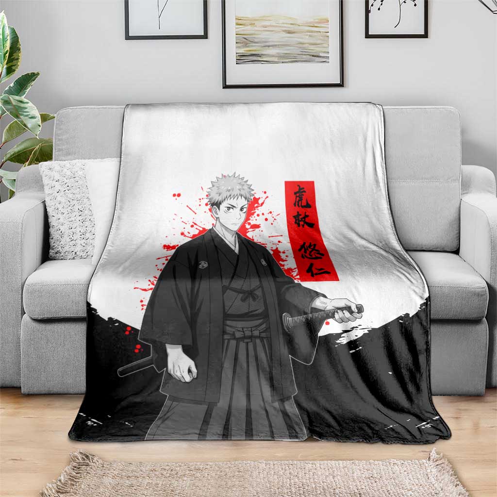 Yuji Itadori Jujutsu Kaisen Samurai Design Blanket with Katana, Red Kanji Elements and Oni Mask Graphic - The Mazicc