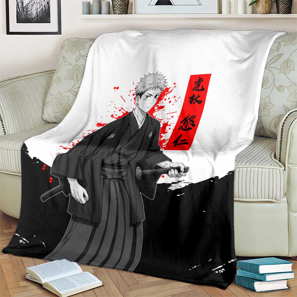 Yuji Itadori Jujutsu Kaisen Samurai Design Blanket with Katana, Red Kanji Elements and Oni Mask Graphic - The Mazicc
