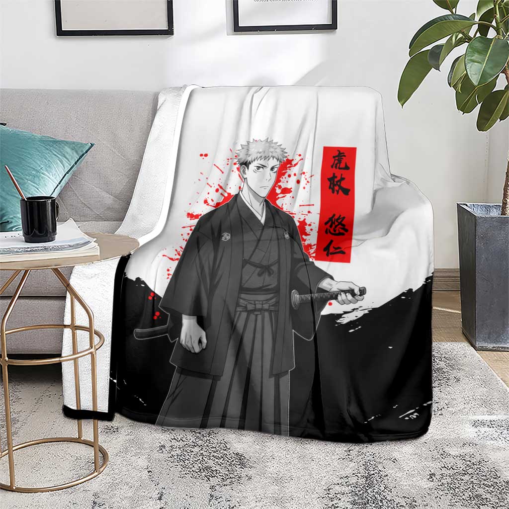 Yuji Itadori Jujutsu Kaisen Samurai Design Blanket with Katana, Red Kanji Elements and Oni Mask Graphic - The Mazicc
