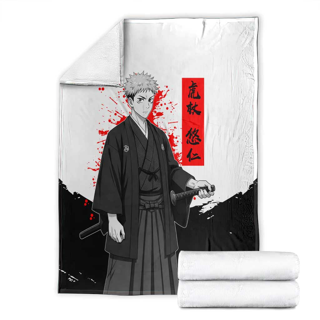 Yuji Itadori Jujutsu Kaisen Samurai Design Blanket with Katana, Red Kanji Elements and Oni Mask Graphic - The Mazicc