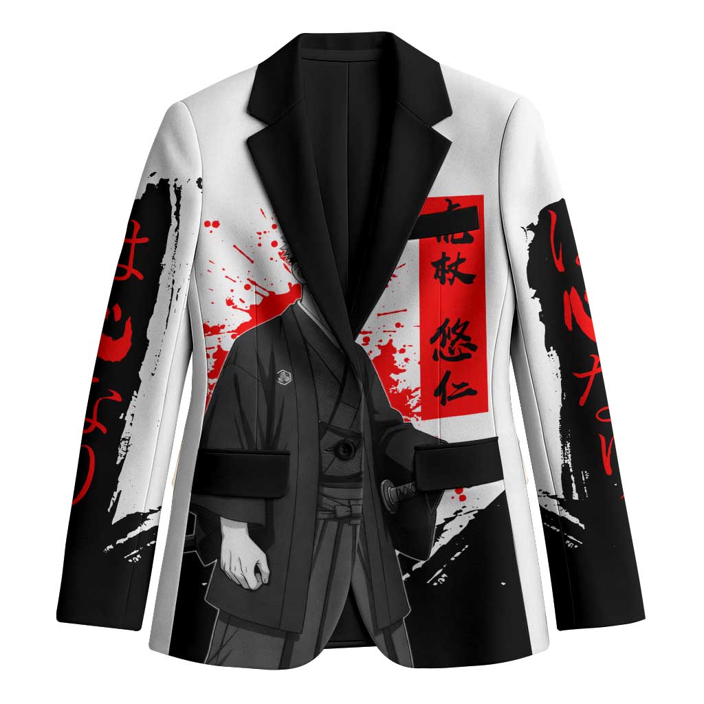 Yuji Itadori Jujutsu Kaisen Samurai Design Blazer with Katana, Red Kanji Elements and Oni Mask Graphic - The Mazicc