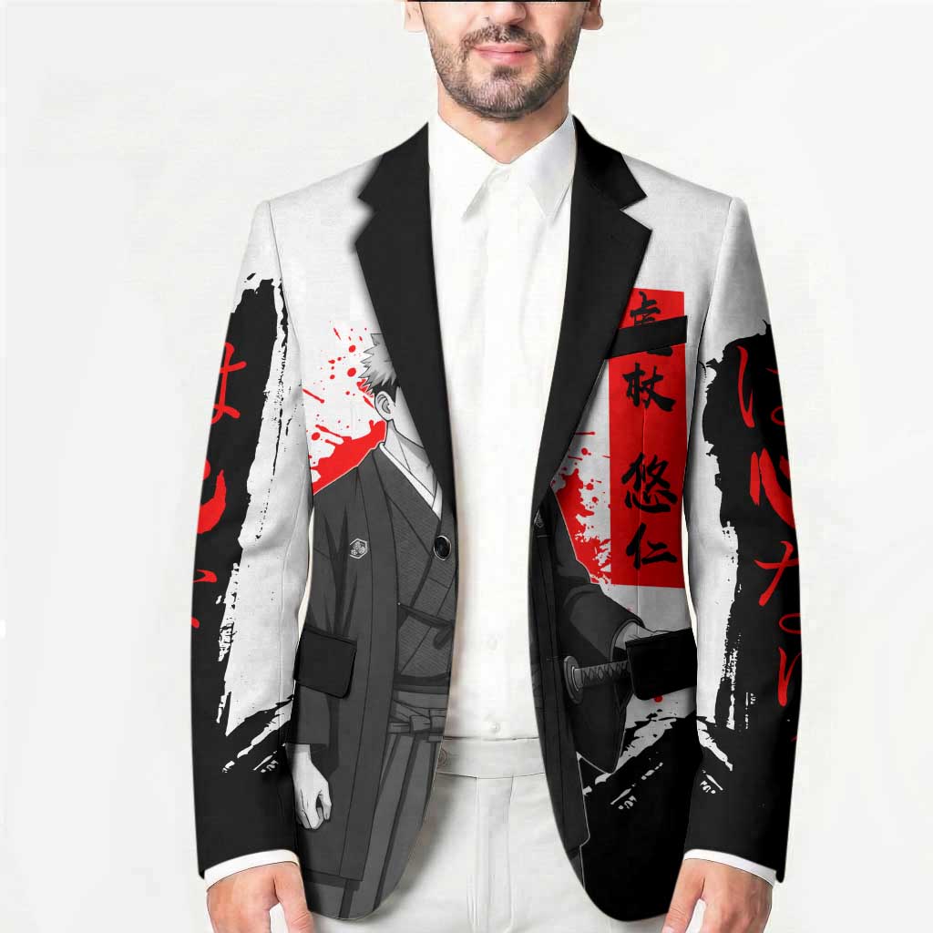 Yuji Itadori Jujutsu Kaisen Samurai Design Blazer with Katana, Red Kanji Elements and Oni Mask Graphic - The Mazicc