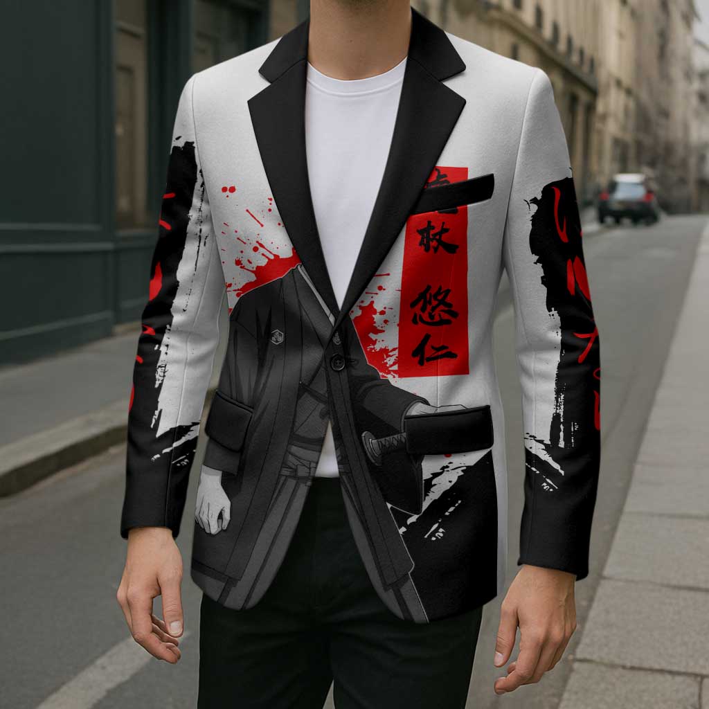 Yuji Itadori Jujutsu Kaisen Samurai Design Blazer with Katana, Red Kanji Elements and Oni Mask Graphic - The Mazicc
