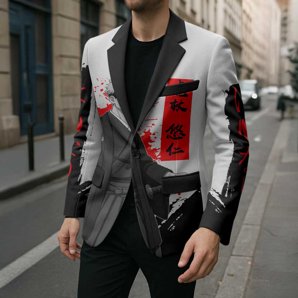 Yuji Itadori Jujutsu Kaisen Samurai Design Blazer with Katana, Red Kanji Elements and Oni Mask Graphic - The Mazicc
