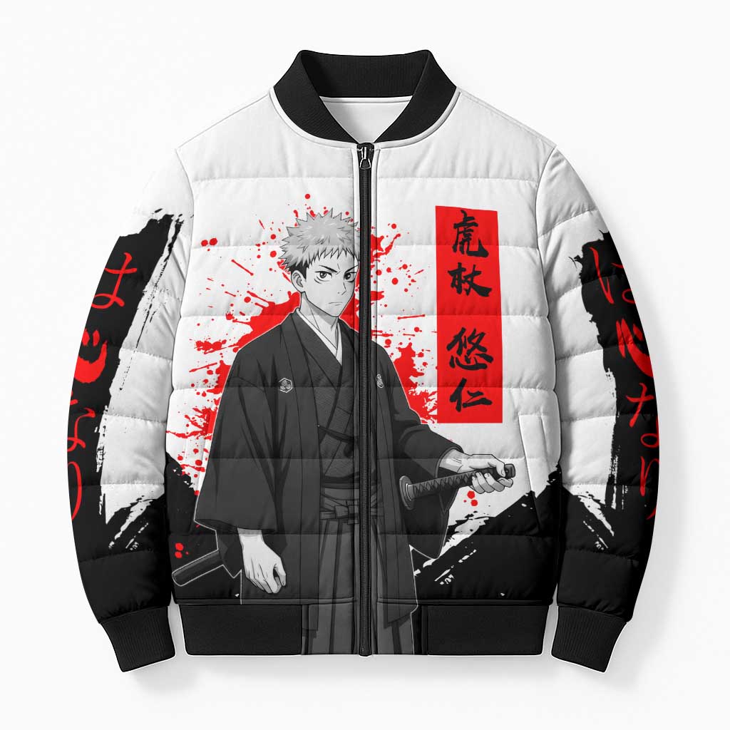 Yuji Itadori Jujutsu Kaisen Samurai Design Bomber Puffer Jacket with Katana, Red Kanji Elements and Oni Mask Graphic - The Mazicc