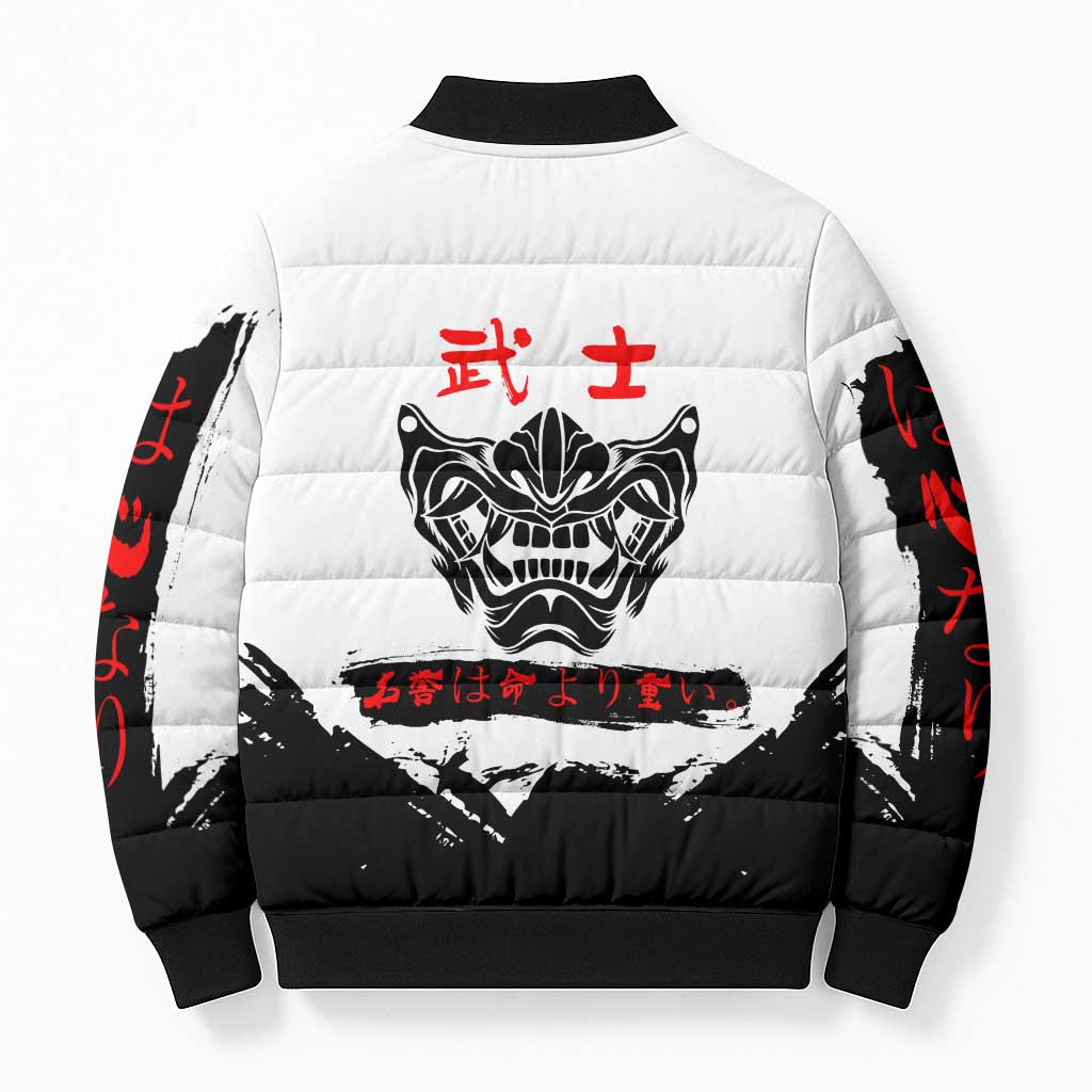 Yuji Itadori Jujutsu Kaisen Samurai Design Bomber Puffer Jacket with Katana, Red Kanji Elements and Oni Mask Graphic - The Mazicc