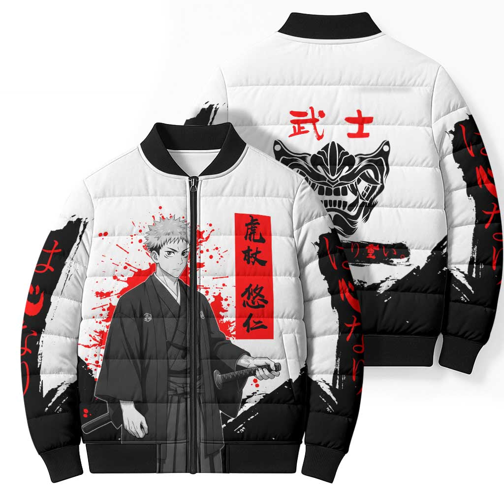 Yuji Itadori Jujutsu Kaisen Samurai Design Bomber Puffer Jacket with Katana, Red Kanji Elements and Oni Mask Graphic - The Mazicc