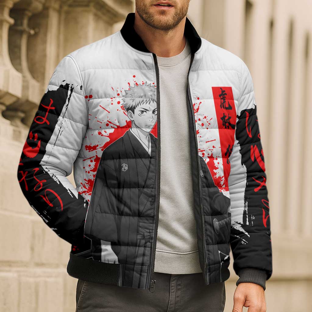 Yuji Itadori Jujutsu Kaisen Samurai Design Bomber Puffer Jacket with Katana, Red Kanji Elements and Oni Mask Graphic - The Mazicc