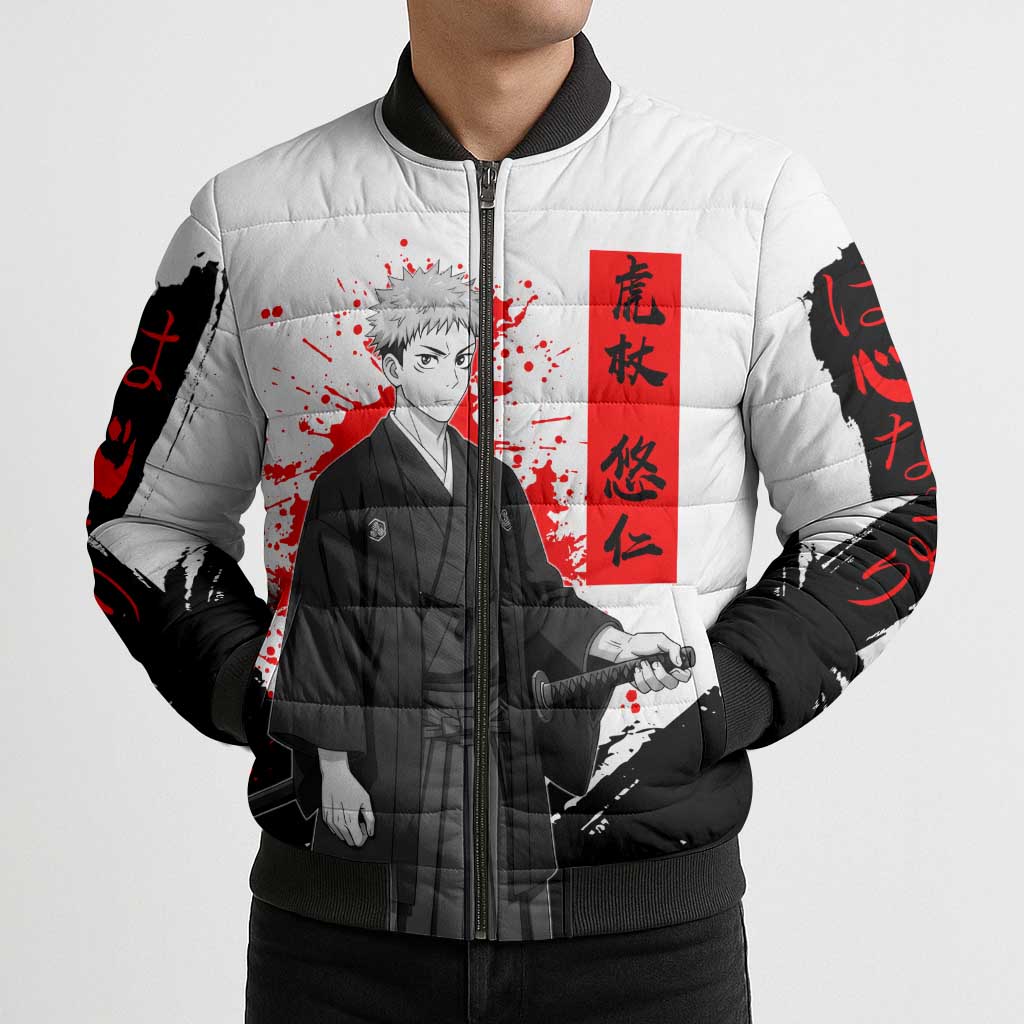 Yuji Itadori Jujutsu Kaisen Samurai Design Bomber Puffer Jacket with Katana, Red Kanji Elements and Oni Mask Graphic - The Mazicc