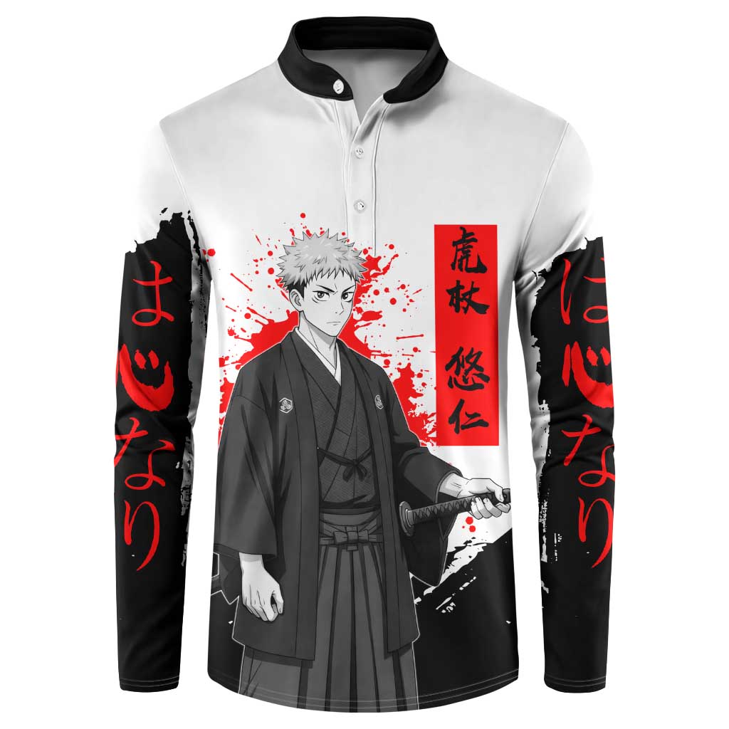 Yuji Itadori Jujutsu Kaisen Samurai Design Button Sweatshirt with Katana, Red Kanji Elements and Oni Mask Graphic - The Mazicc