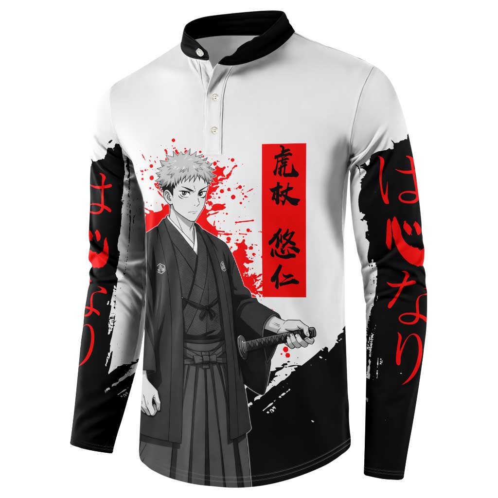 Yuji Itadori Jujutsu Kaisen Samurai Design Button Sweatshirt with Katana, Red Kanji Elements and Oni Mask Graphic - The Mazicc