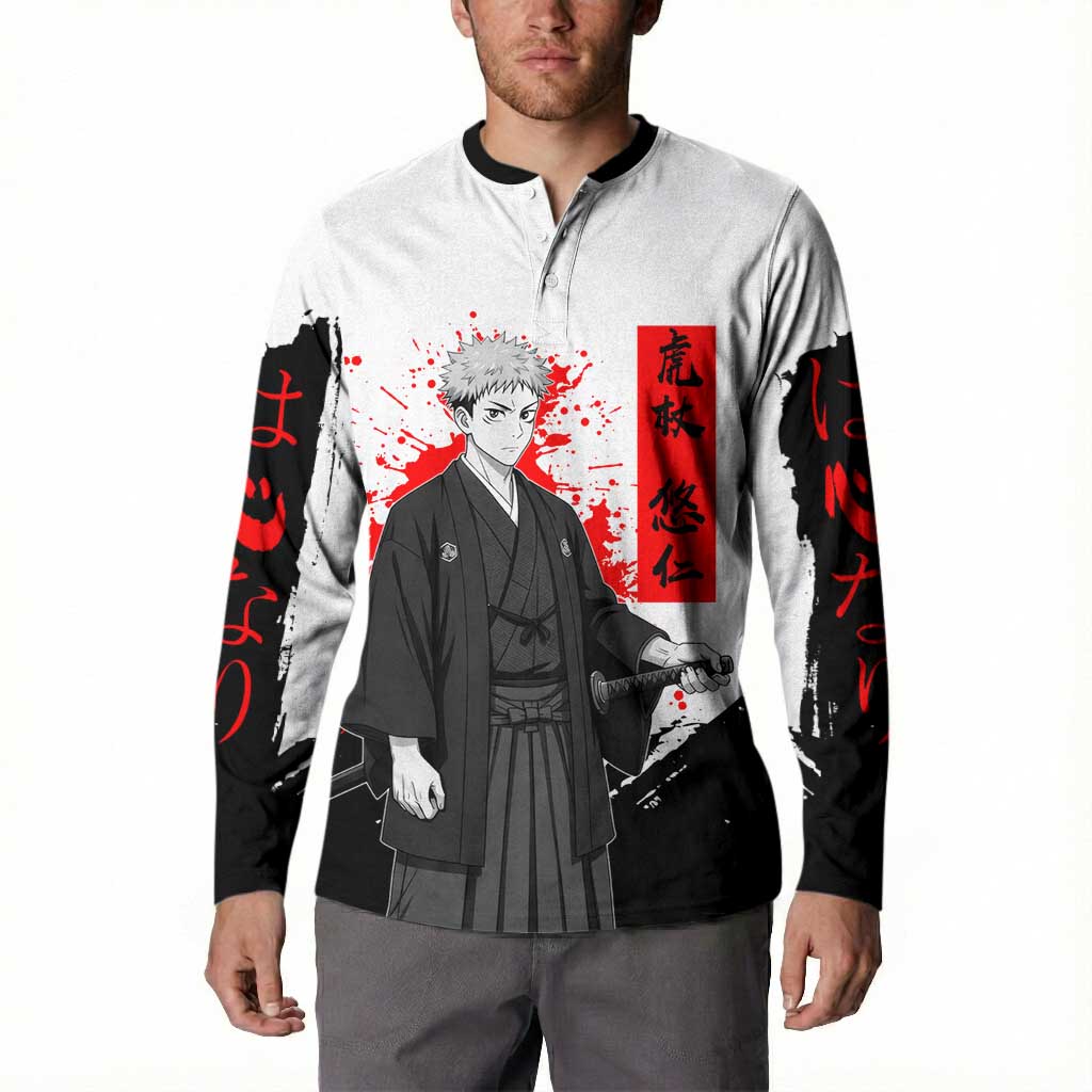 Yuji Itadori Jujutsu Kaisen Samurai Design Button Sweatshirt with Katana, Red Kanji Elements and Oni Mask Graphic - The Mazicc