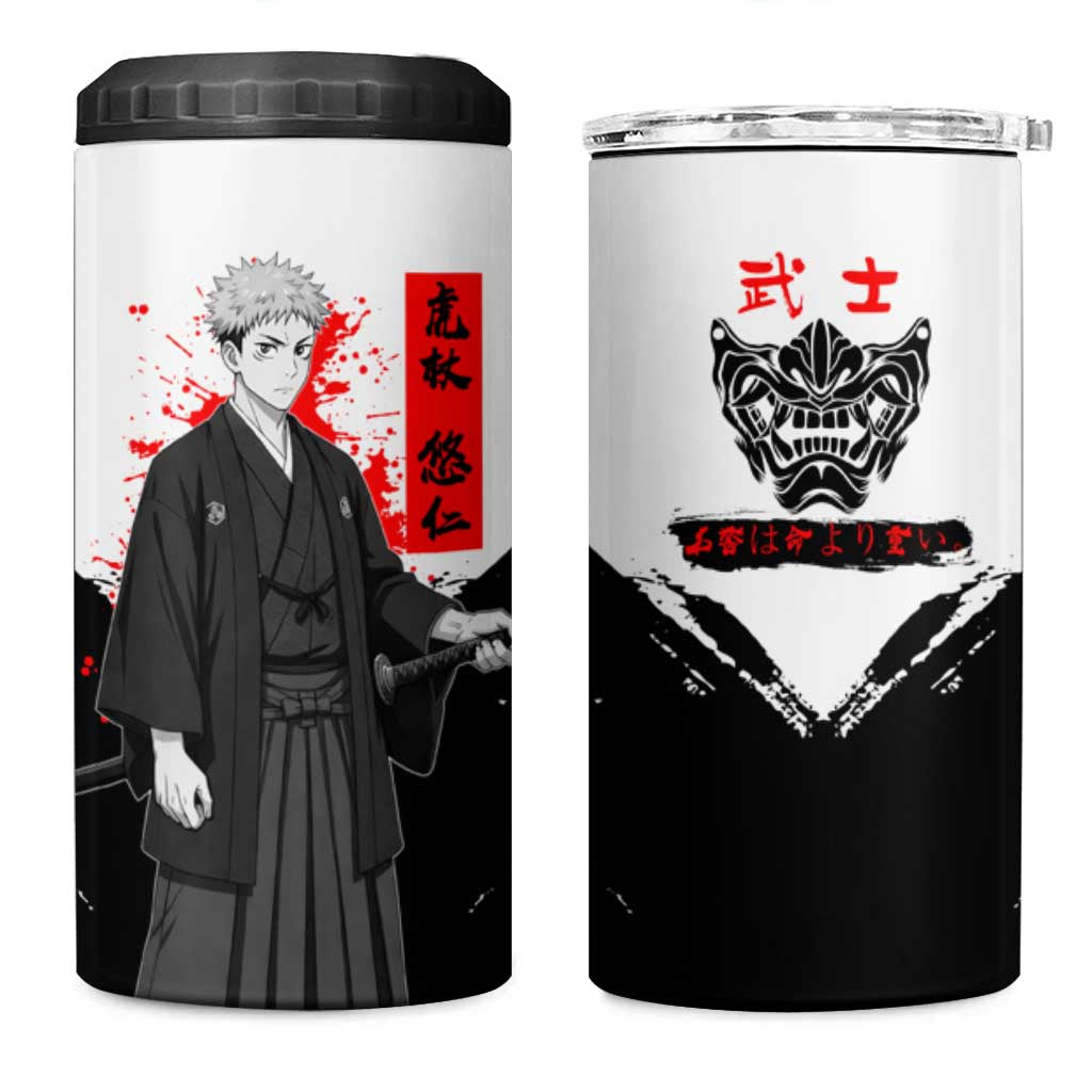 Yuji Itadori Jujutsu Kaisen Samurai Design 4 in 1 Can Cooler Tumbler with Katana, Red Kanji Elements and Oni Mask Graphic - The Mazicc