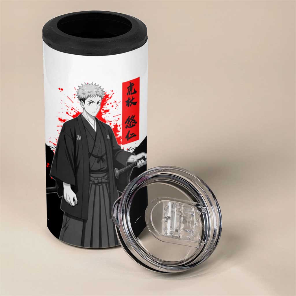 Yuji Itadori Jujutsu Kaisen Samurai Design 4 in 1 Can Cooler Tumbler with Katana, Red Kanji Elements and Oni Mask Graphic - The Mazicc