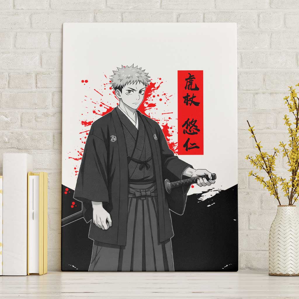 Yuji Itadori Jujutsu Kaisen Samurai Design Canvas Wall Art with Katana, Red Kanji Elements and Oni Mask Graphic - The Mazicc