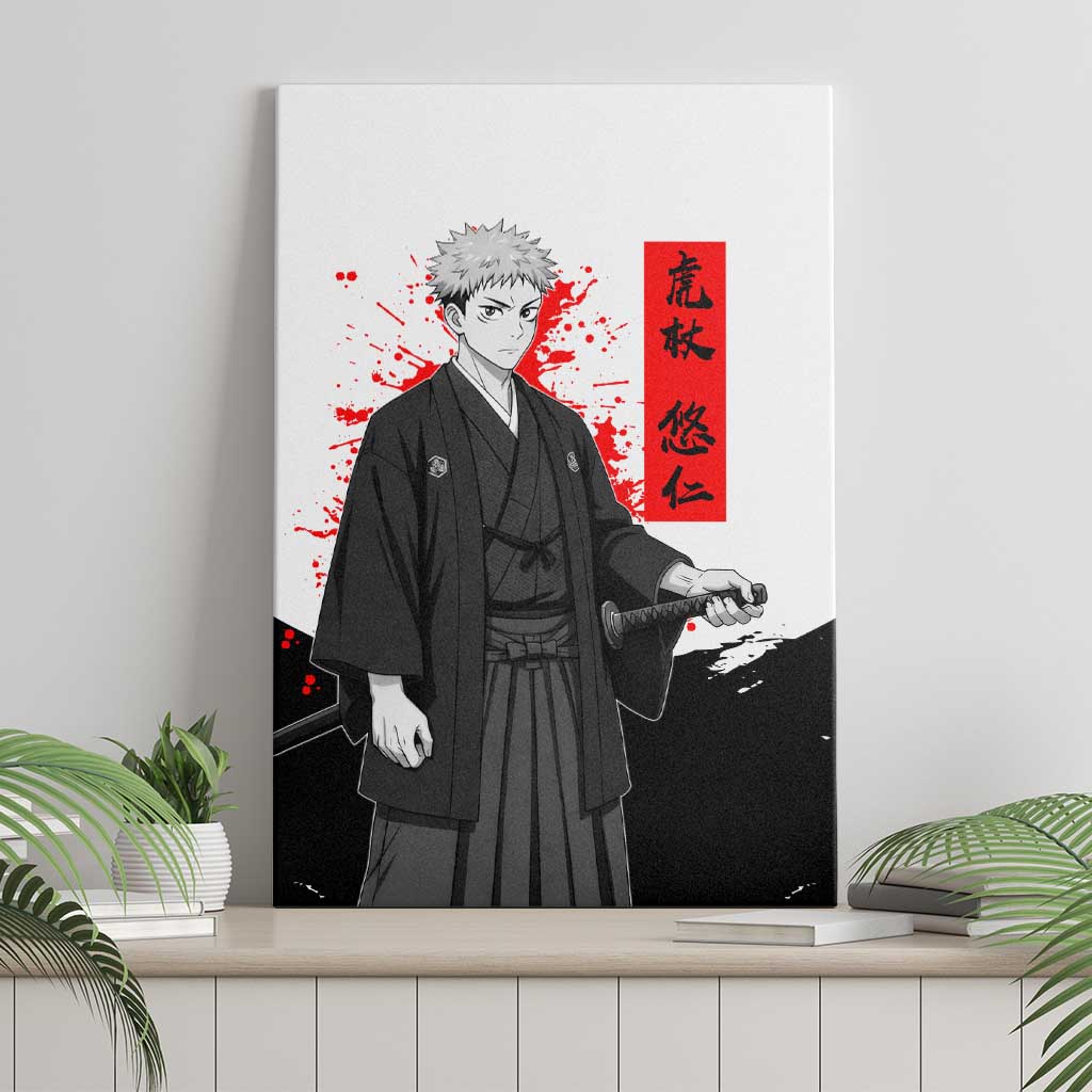 Yuji Itadori Jujutsu Kaisen Samurai Design Canvas Wall Art with Katana, Red Kanji Elements and Oni Mask Graphic - The Mazicc