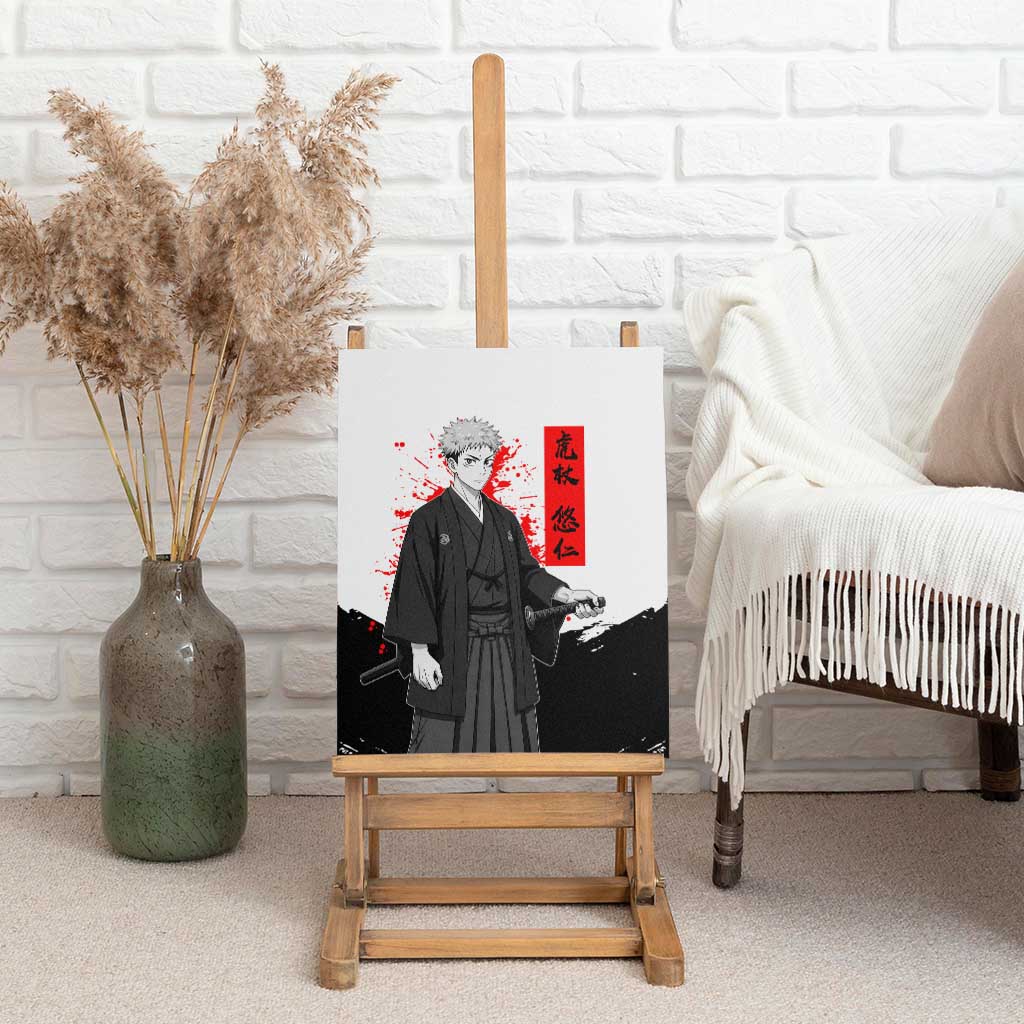 Yuji Itadori Jujutsu Kaisen Samurai Design Canvas Wall Art with Katana, Red Kanji Elements and Oni Mask Graphic - The Mazicc
