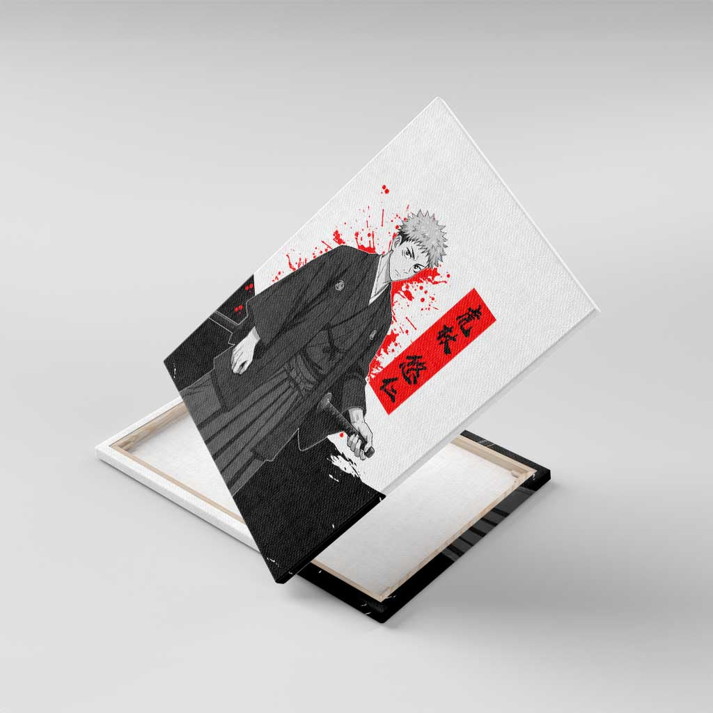 Yuji Itadori Jujutsu Kaisen Samurai Design Canvas Wall Art with Katana, Red Kanji Elements and Oni Mask Graphic - The Mazicc