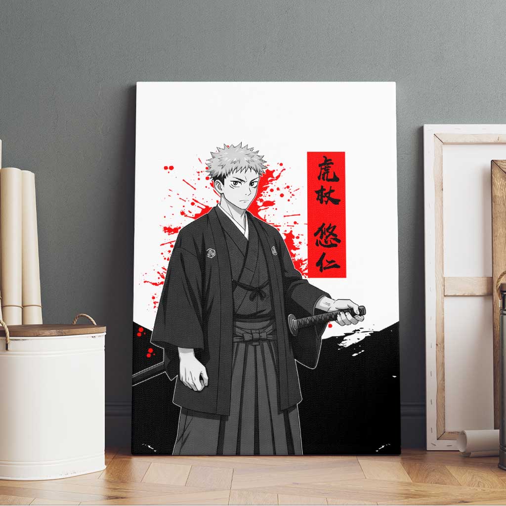 Yuji Itadori Jujutsu Kaisen Samurai Design Canvas Wall Art with Katana, Red Kanji Elements and Oni Mask Graphic - The Mazicc