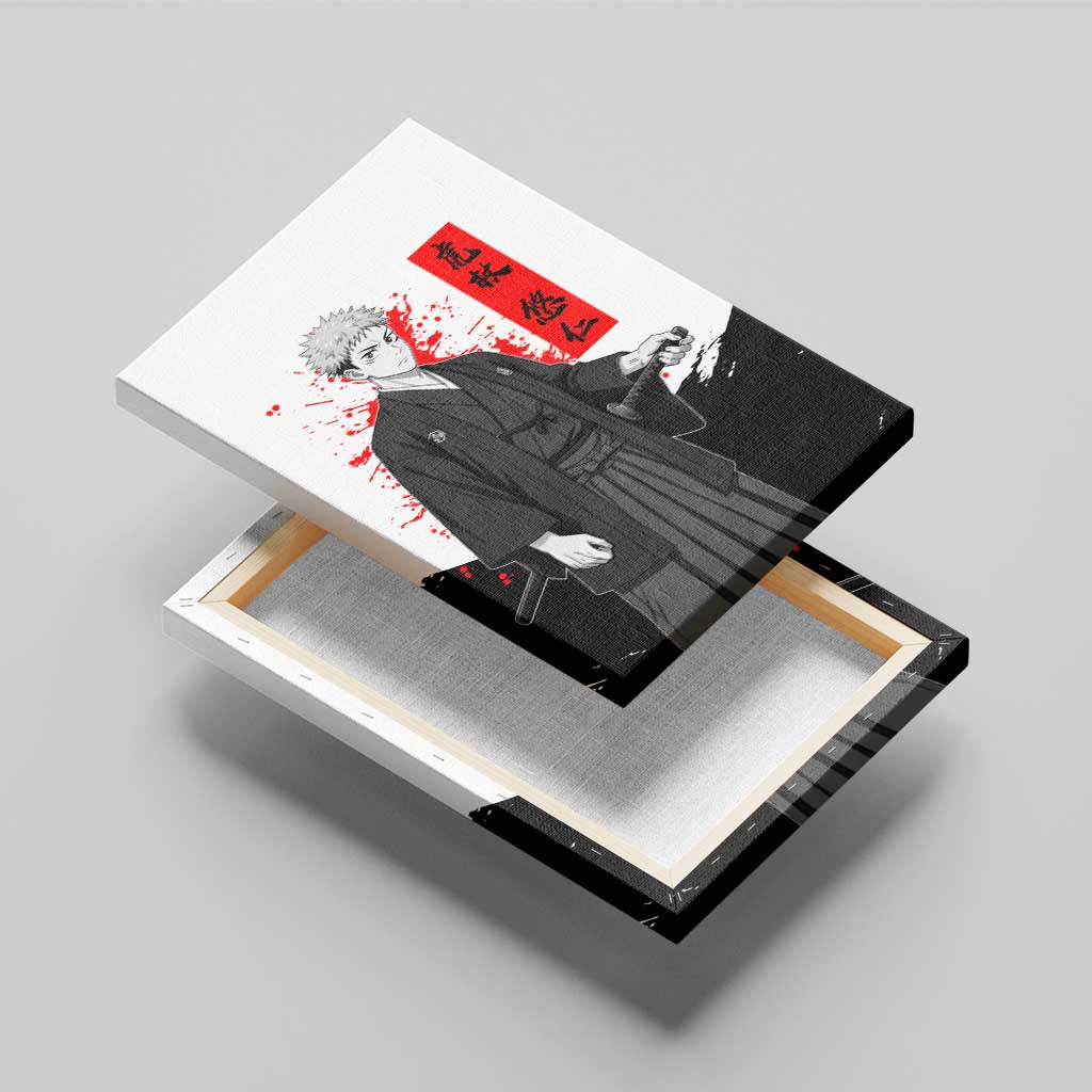 Yuji Itadori Jujutsu Kaisen Samurai Design Canvas Wall Art with Katana, Red Kanji Elements and Oni Mask Graphic - The Mazicc