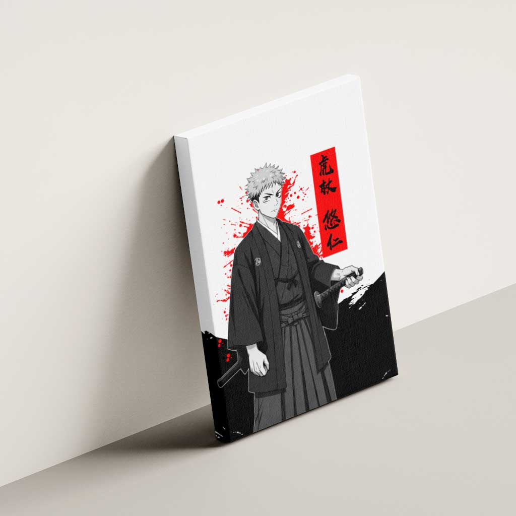 Yuji Itadori Jujutsu Kaisen Samurai Design Canvas Wall Art with Katana, Red Kanji Elements and Oni Mask Graphic - The Mazicc