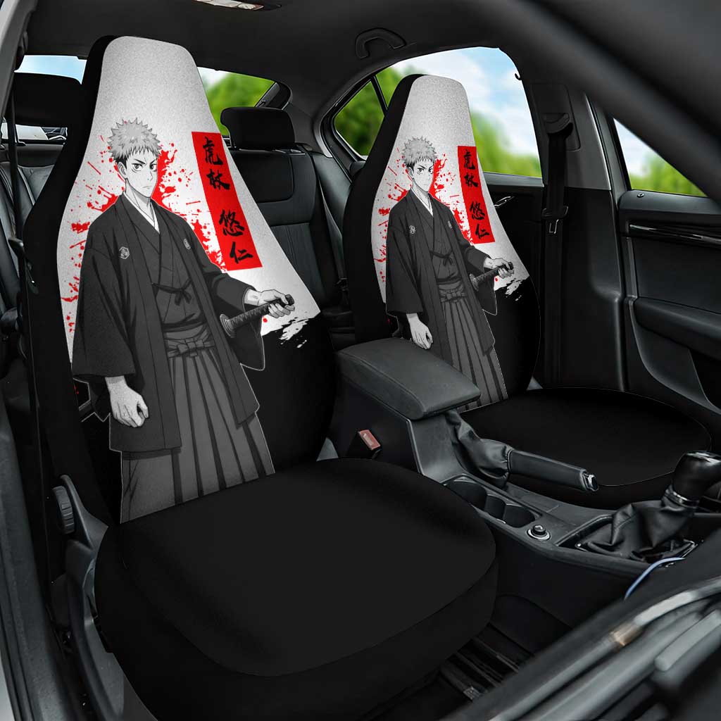 Yuji Itadori Jujutsu Kaisen Samurai Design Car Seat Cover with Katana, Red Kanji Elements and Oni Mask Graphic - The Mazicc