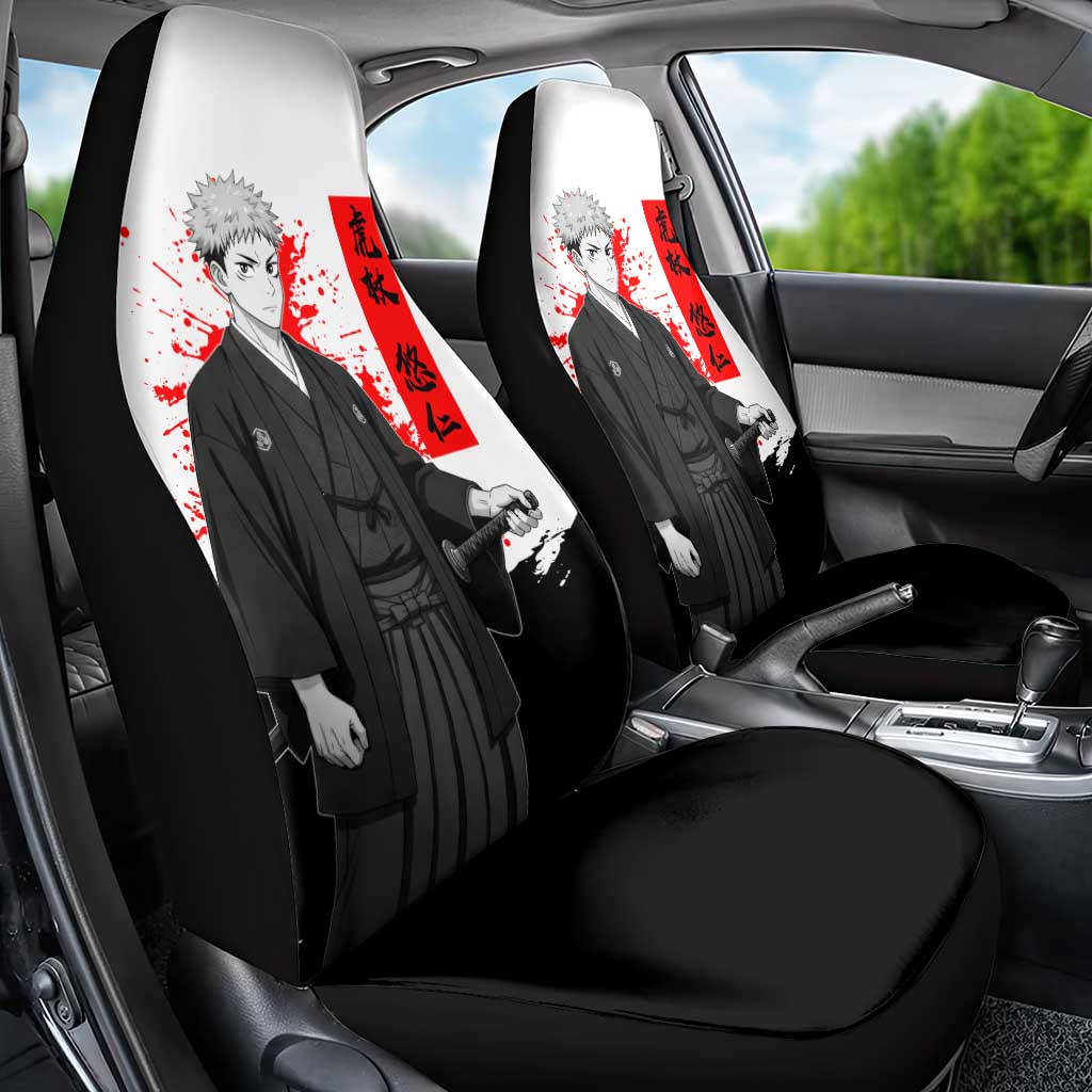 Yuji Itadori Jujutsu Kaisen Samurai Design Car Seat Cover with Katana, Red Kanji Elements and Oni Mask Graphic - The Mazicc