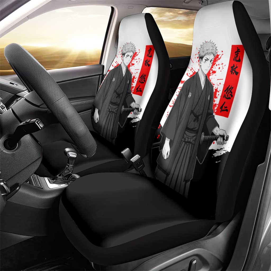 Yuji Itadori Jujutsu Kaisen Samurai Design Car Seat Cover with Katana, Red Kanji Elements and Oni Mask Graphic - The Mazicc