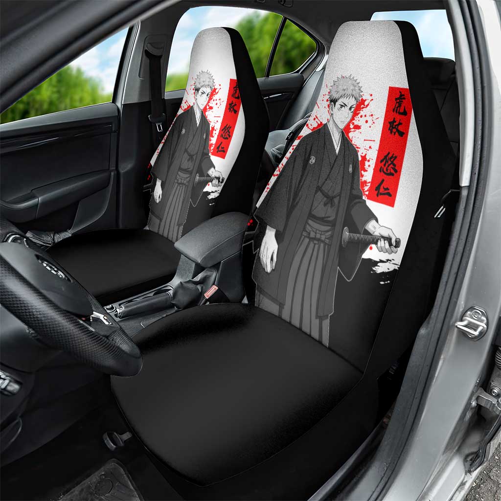Yuji Itadori Jujutsu Kaisen Samurai Design Car Seat Cover with Katana, Red Kanji Elements and Oni Mask Graphic - The Mazicc