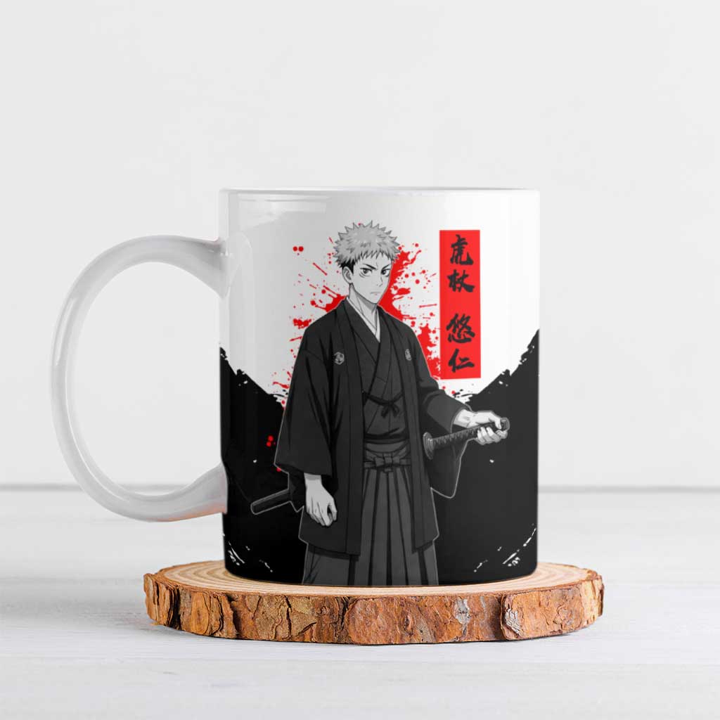 Yuji Itadori Jujutsu Kaisen Samurai Design Ceramic Mug with Katana, Red Kanji Elements and Oni Mask Graphic - The Mazicc