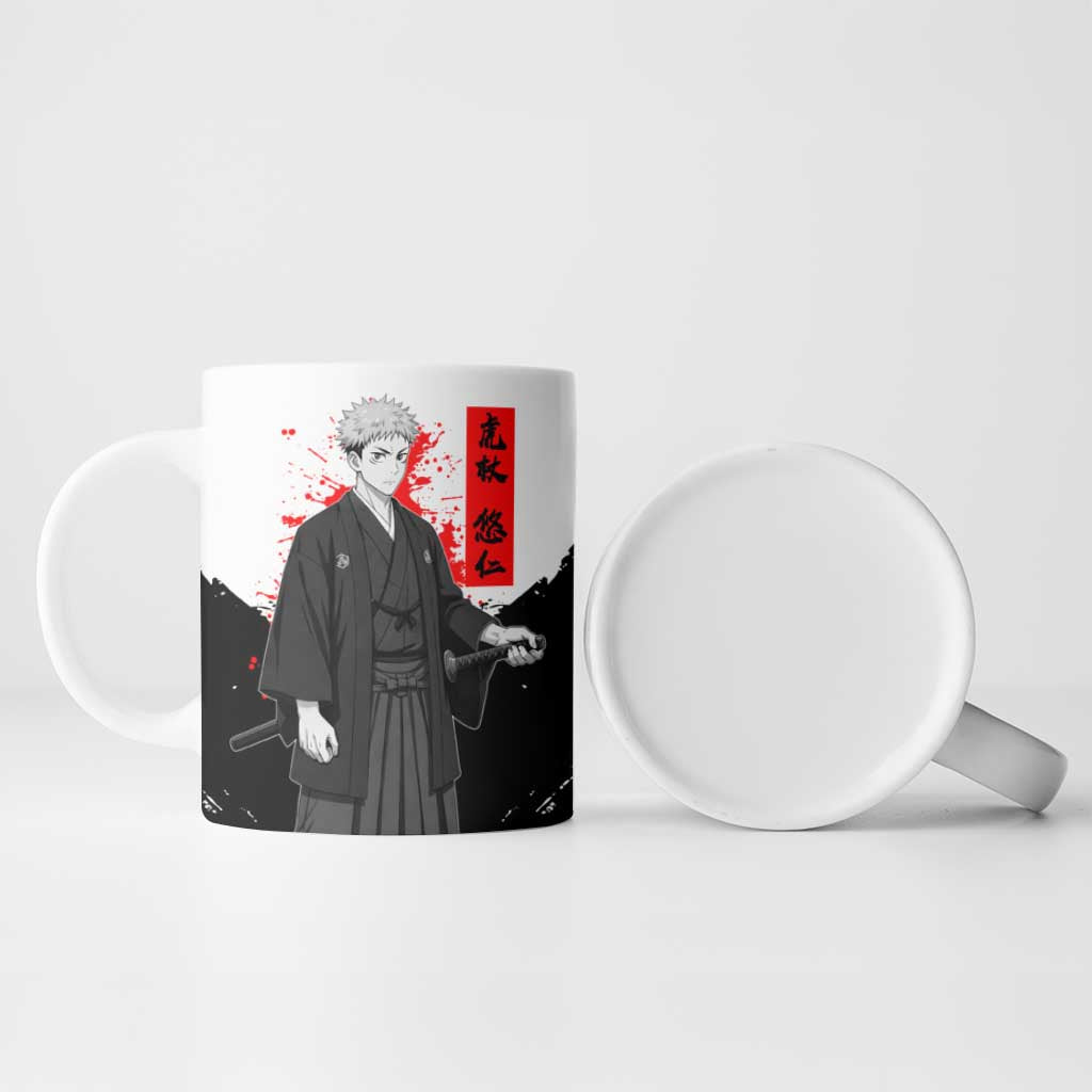 Yuji Itadori Jujutsu Kaisen Samurai Design Ceramic Mug with Katana, Red Kanji Elements and Oni Mask Graphic - The Mazicc
