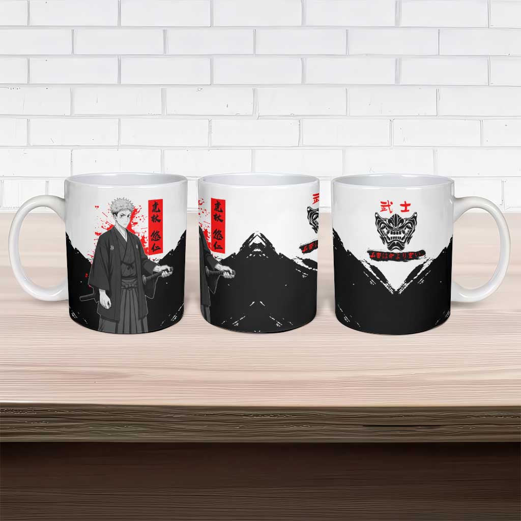 Yuji Itadori Jujutsu Kaisen Samurai Design Ceramic Mug with Katana, Red Kanji Elements and Oni Mask Graphic - The Mazicc