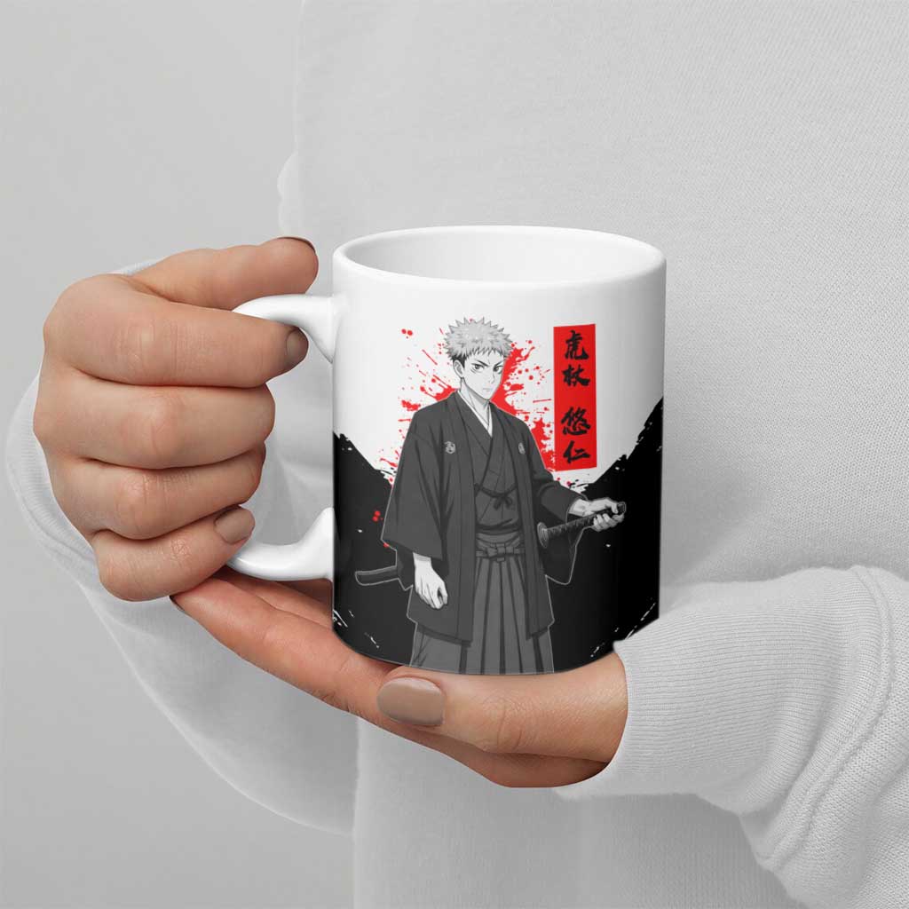 Yuji Itadori Jujutsu Kaisen Samurai Design Ceramic Mug with Katana, Red Kanji Elements and Oni Mask Graphic - The Mazicc