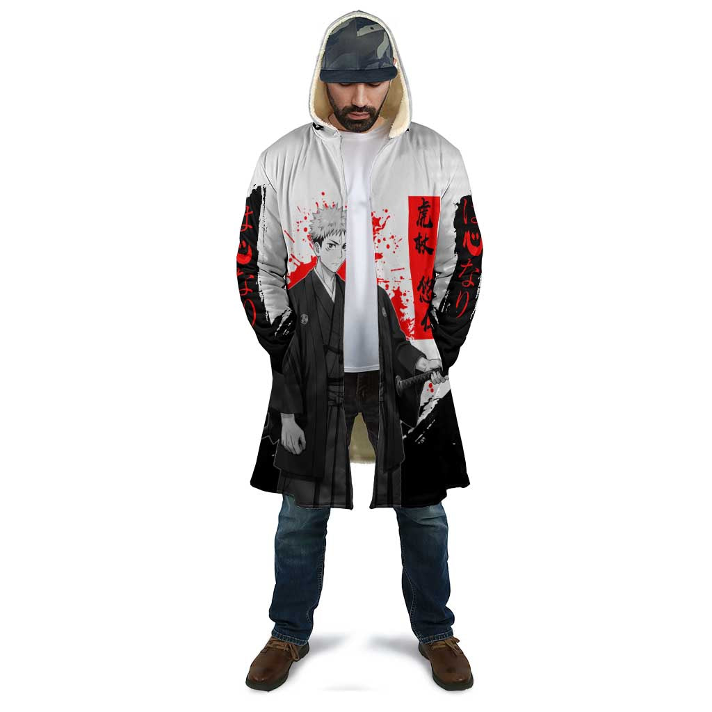Yuji Itadori Jujutsu Kaisen Samurai Design Cloak with Katana, Red Kanji Elements and Oni Mask Graphic - The Mazicc