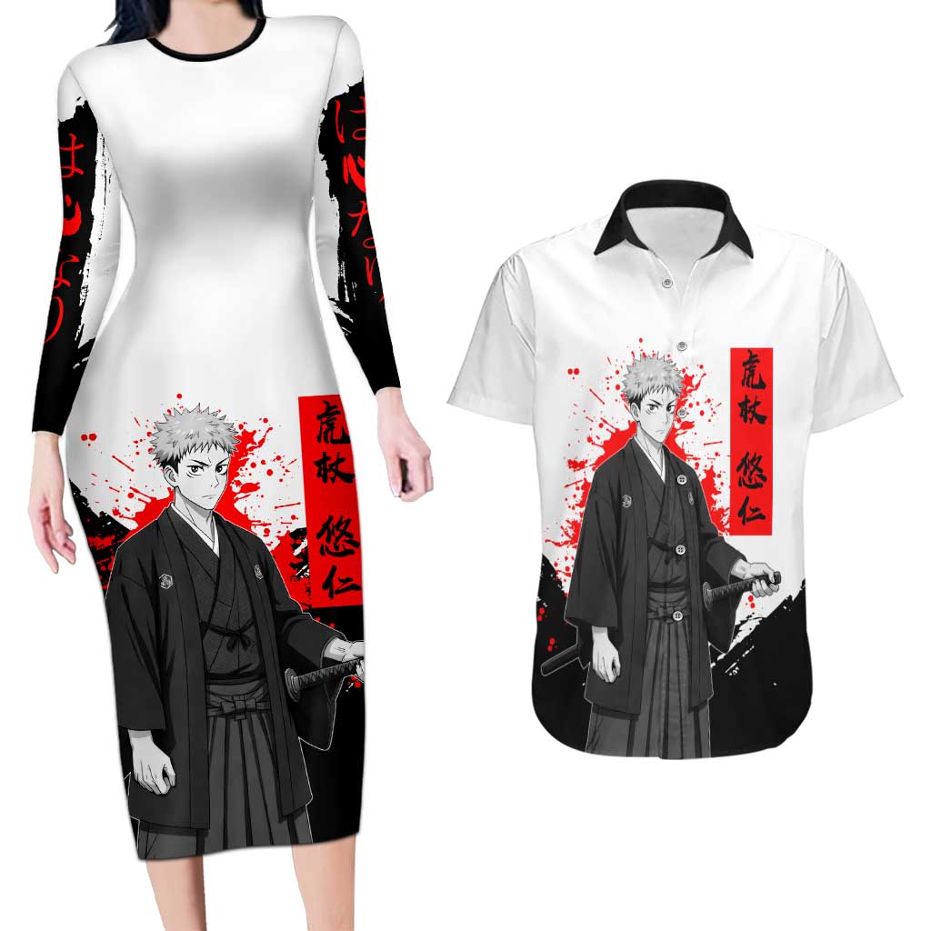 Yuji Itadori Jujutsu Kaisen Samurai Design Couples Matching Long Sleeve Bodycon Dress and Hawaiian Shirt with Katana, Red Kanji Elements and Oni Mask Graphic - The Mazicc